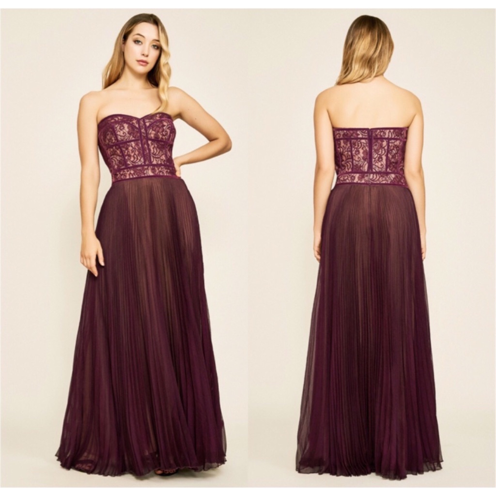 Tadashi Shoji Strapless Lace Dress Gown Burgundy